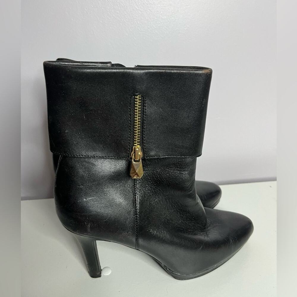TAHARI GABE Leather Fold Over Ankle Boots Side Zip Black Heels Women's